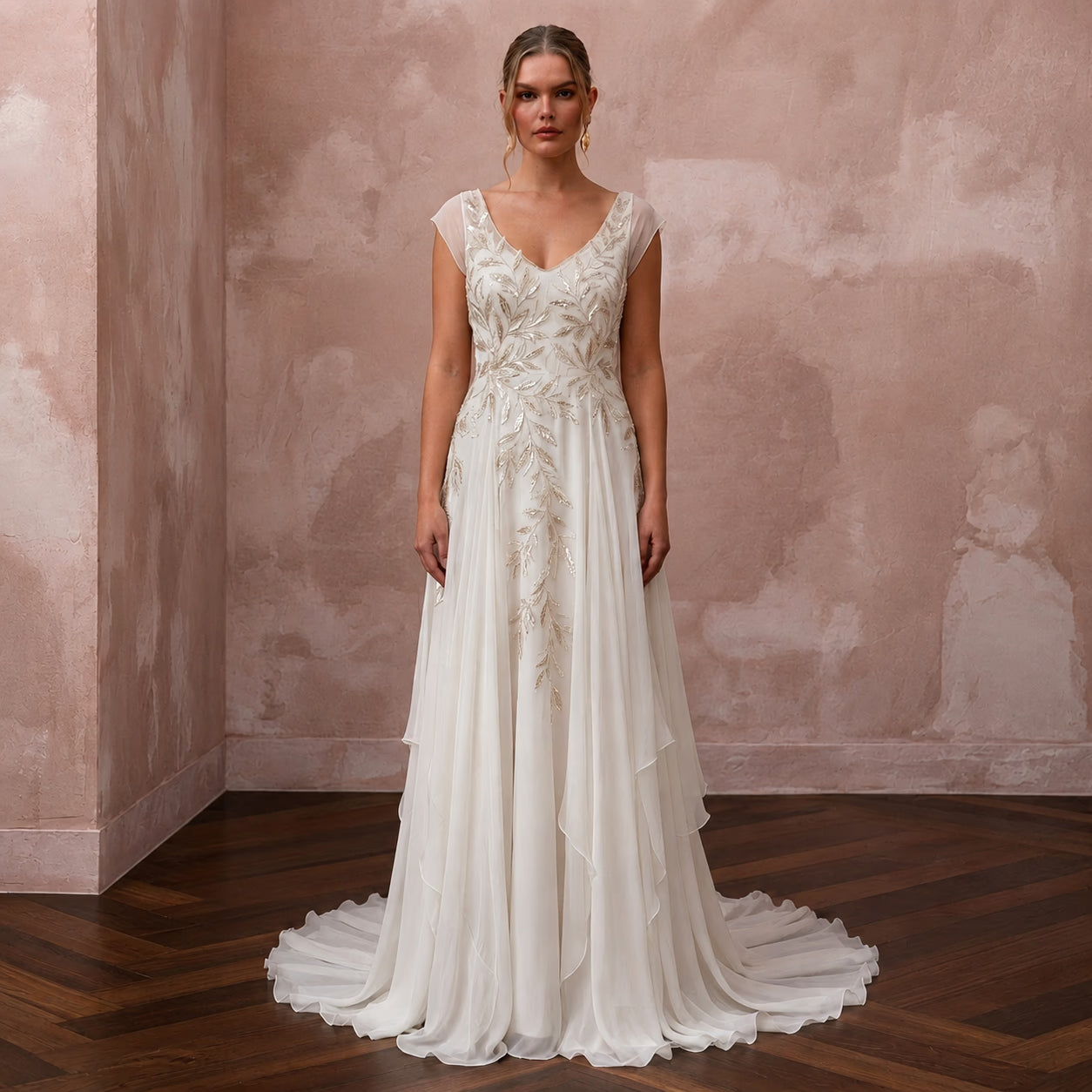 Rustic Chiffon Bridal Gown with Open Back for a Forest Wedding