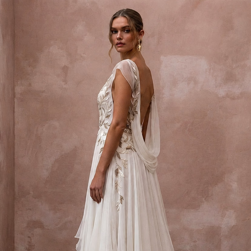 Rustic Chiffon Bridal Gown with Open Back for a Forest Wedding