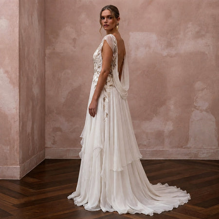 Rustic Chiffon Bridal Gown with Open Back for a Forest Wedding