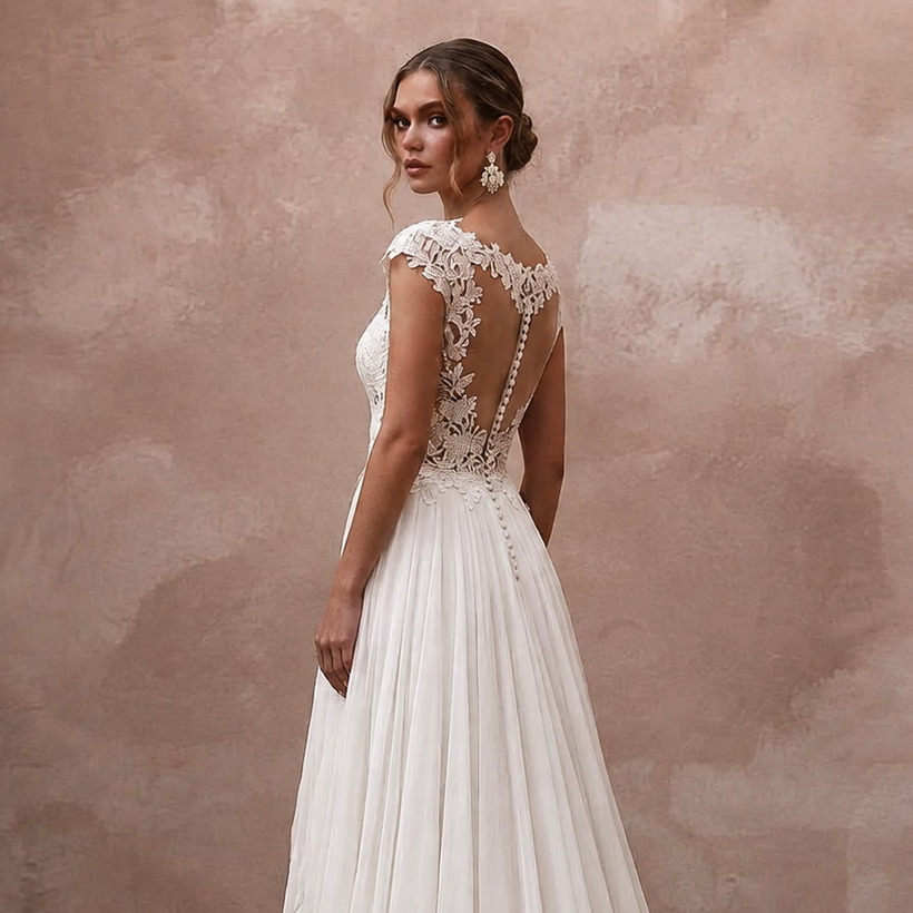 Rustic Chiffon Wedding Dress for a Countryside Vineyard Ceremony
