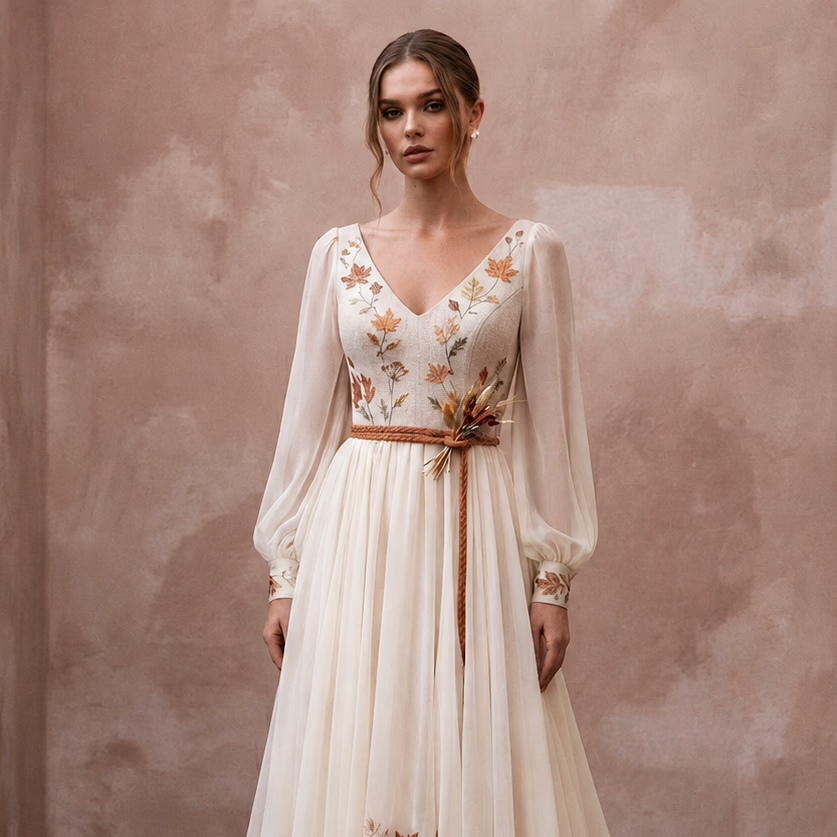 Rustic Chiffon Wedding Dress for an Autumn Farm Ceremony