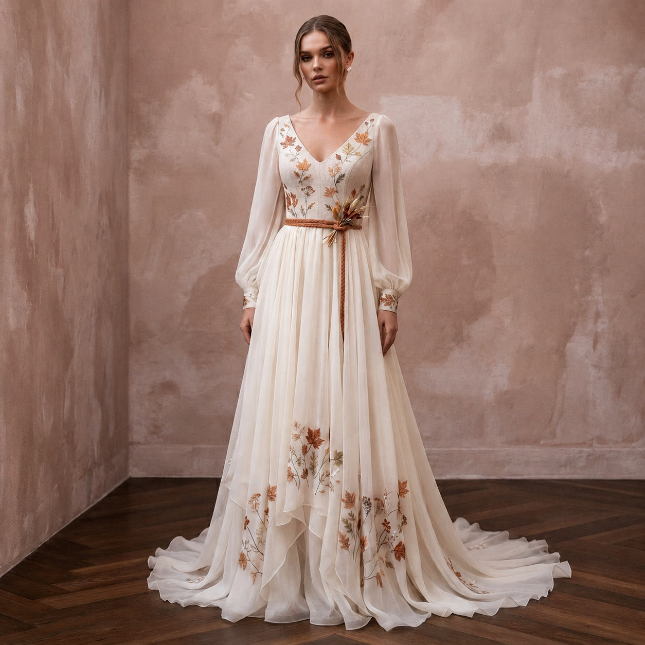 Rustic Chiffon Wedding Dress for an Autumn Farm Ceremony Main image