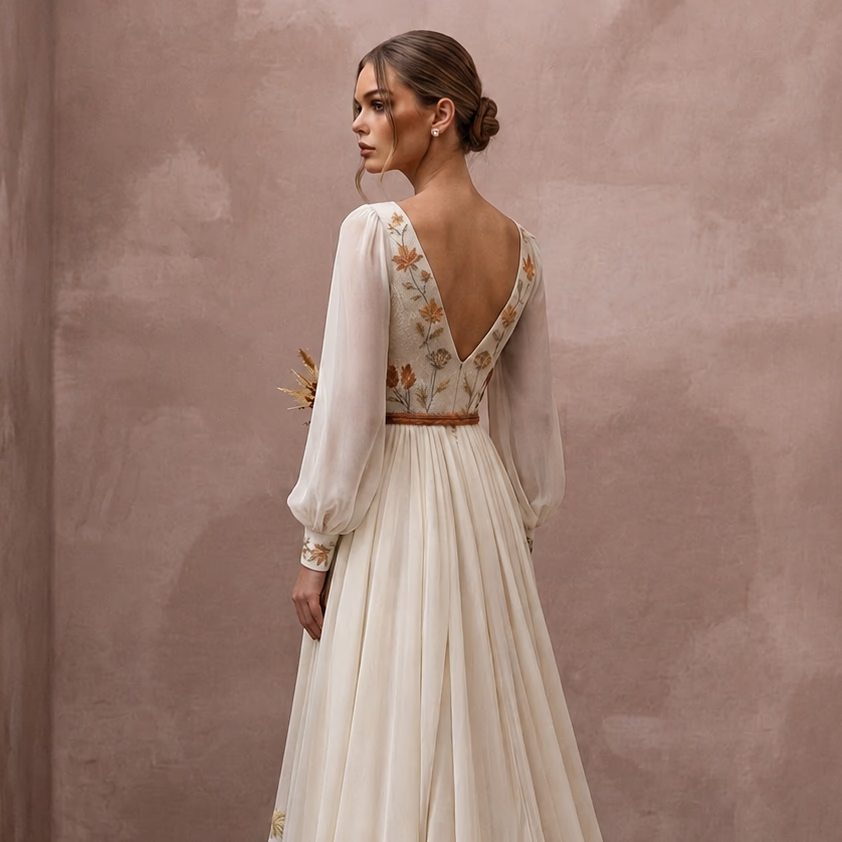 Rustic Chiffon Wedding Dress for an Autumn Farm Ceremony