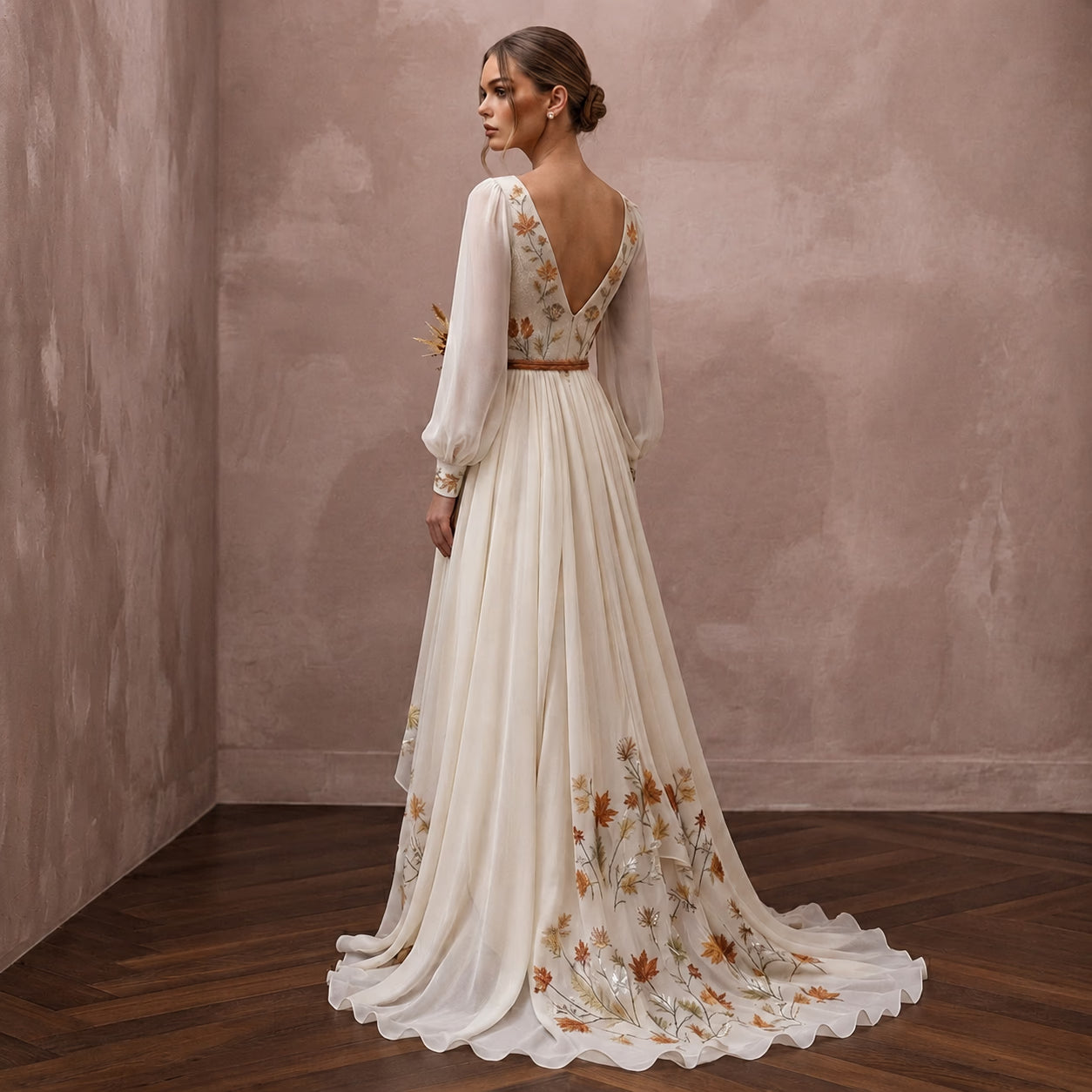 Rustic Chiffon Wedding Dress for an Autumn Farm Ceremony