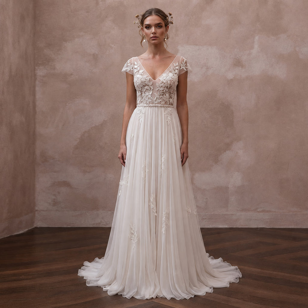 Rustic Chiffon Wedding Dress with V-Neck for a Barn Ceremony