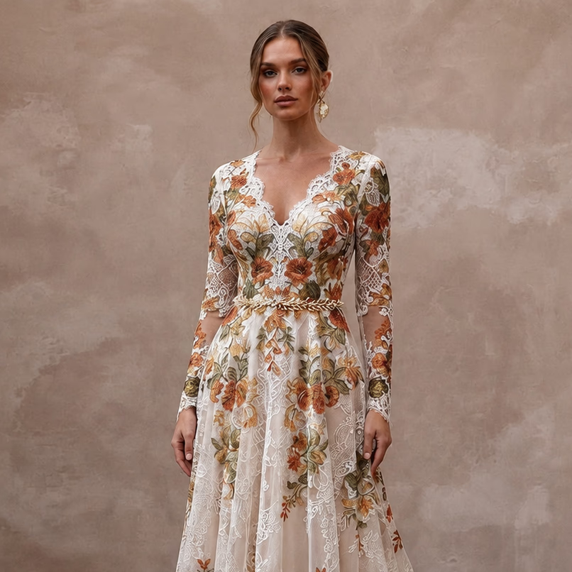 Rustic Floral Lace Bridal Gown for a Fall Wedding