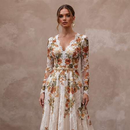 Rustic Floral Lace Bridal Gown for a Fall Wedding