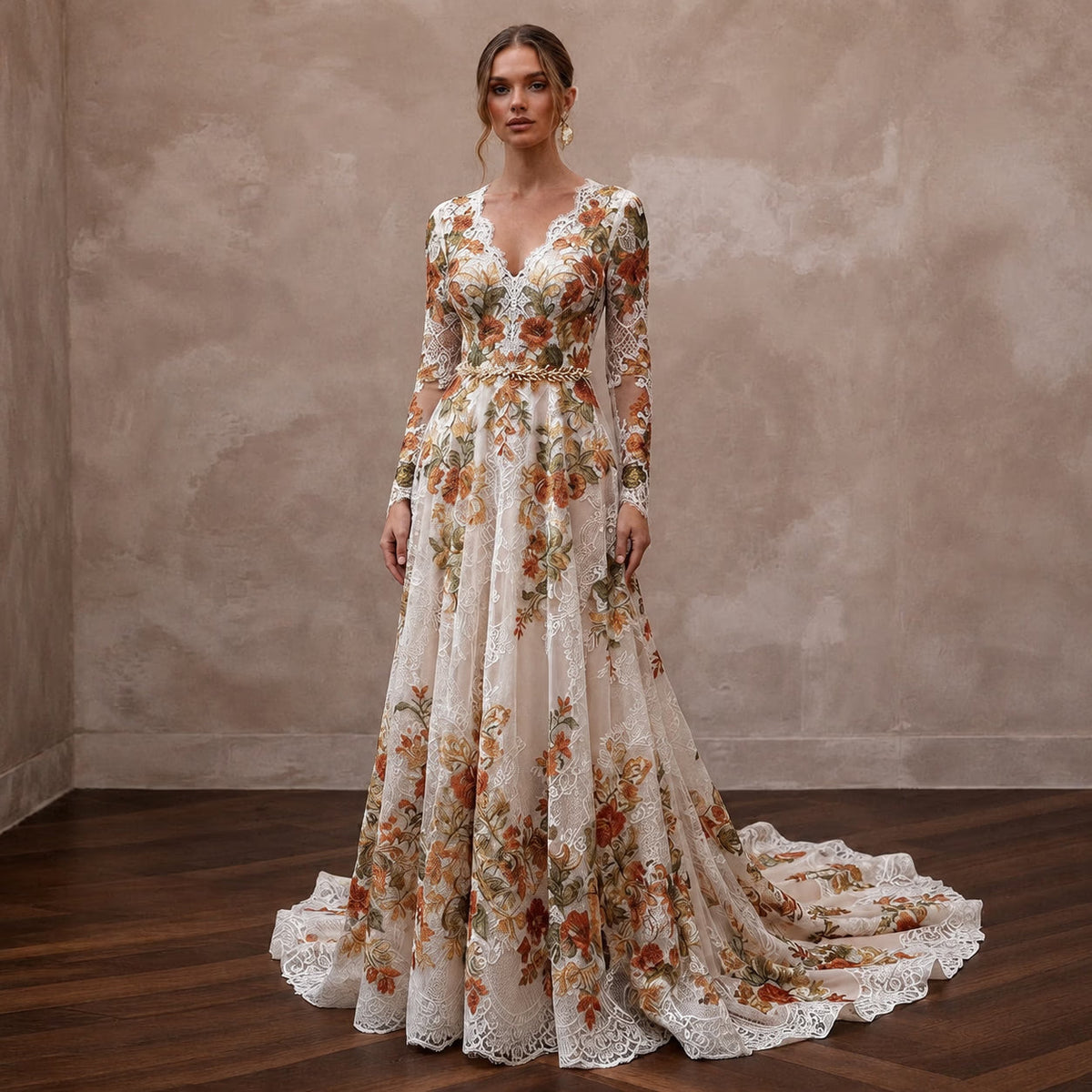 Rustic Floral Lace Bridal Gown for a Fall Wedding - Apparel & Accessories > Clothing > Wedding & Bridal Party Dresses > Wedding Dresses - Mignonette Bridal Main image