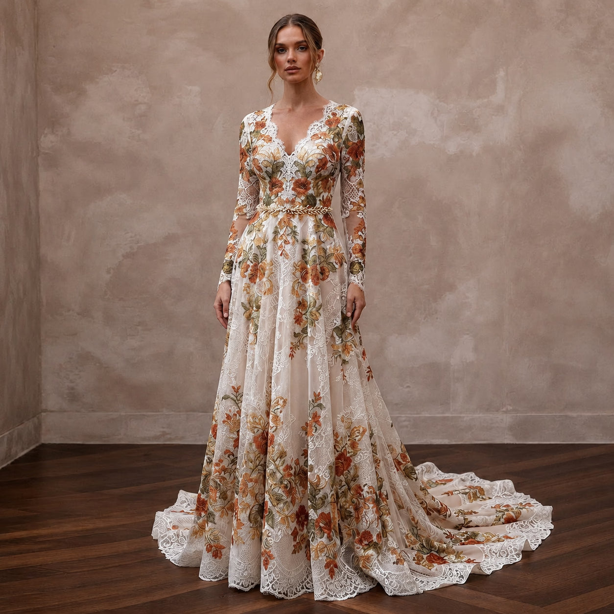 Rustic Floral Lace Bridal Gown for a Fall Wedding