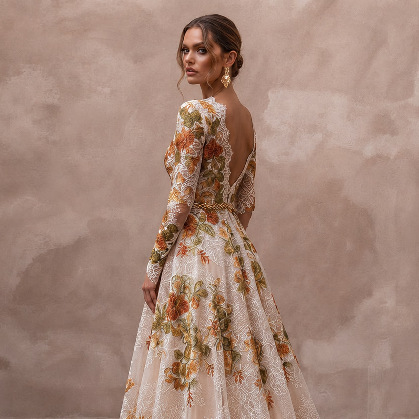 Rustic Floral Lace Bridal Gown for a Fall Wedding