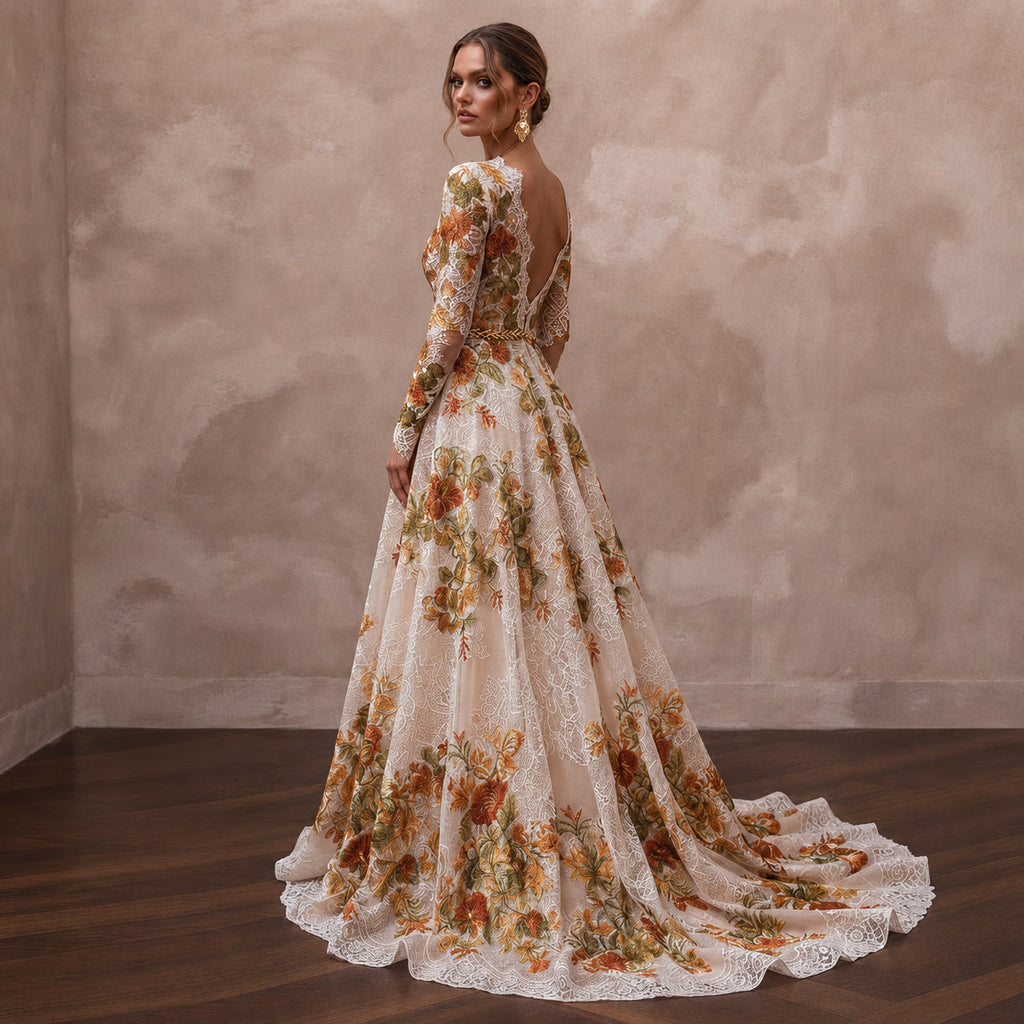 Rustic Floral Lace Bridal Gown for a Fall Wedding