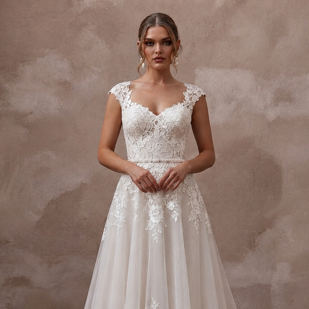 Rustic Floral Lace Wedding Dress with A-Line Skirt for an Outdoor Ceremony