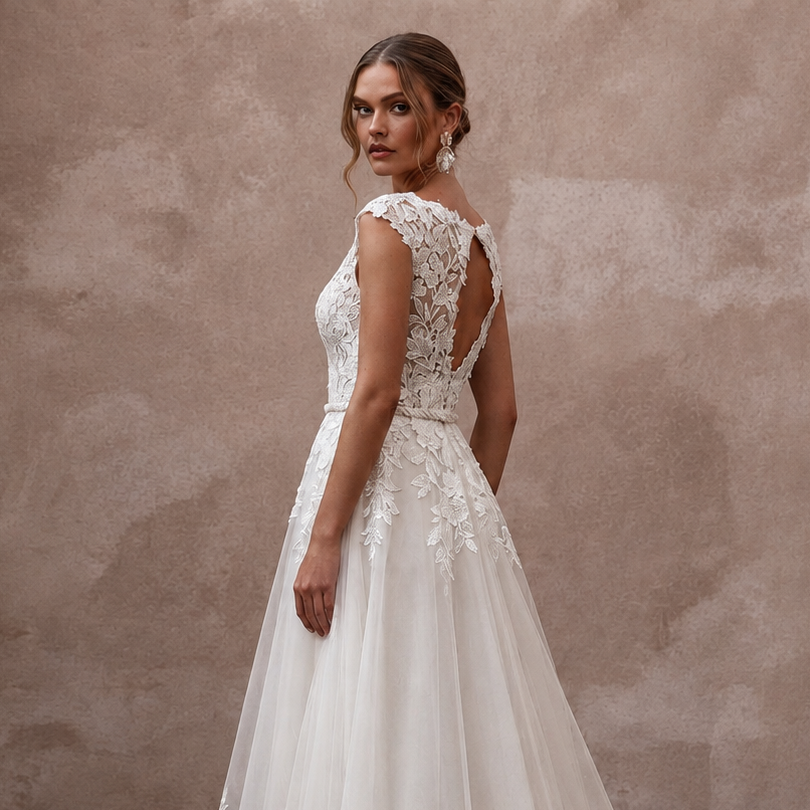 Rustic Floral Lace Wedding Dress with A-Line Skirt for an Outdoor Ceremony