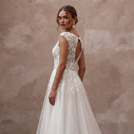 Rustic Floral Lace Wedding Dress with A-Line Skirt for an Outdoor Ceremony