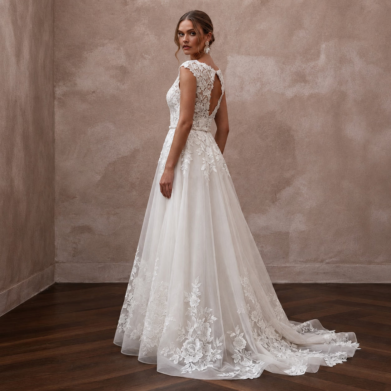 Rustic Floral Lace Wedding Dress with A-Line Skirt for an Outdoor Ceremony Secondary image