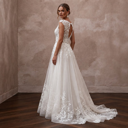 Rustic Floral Lace Wedding Dress with A - Line Skirt for an Outdoor Ceremony - Apparel & Accessories > Clothing > Wedding & Bridal Party Dresses > Wedding Dresses - Mignonette Bridal