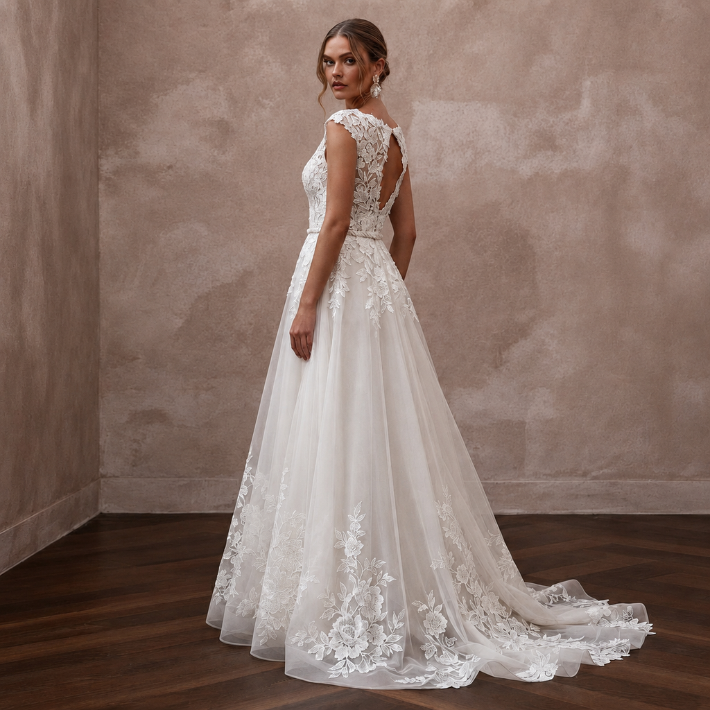 Rustic Floral Lace Wedding Dress with A-Line Skirt for an Outdoor Ceremony
