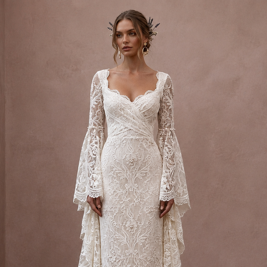 Rustic Lace Bridal Dress with Bell Sleeves for a Farm Wedding