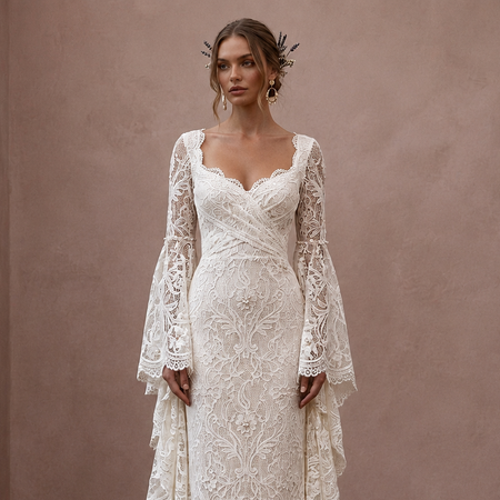 Rustic Lace Bridal Dress with Bell Sleeves for a Farm Wedding
