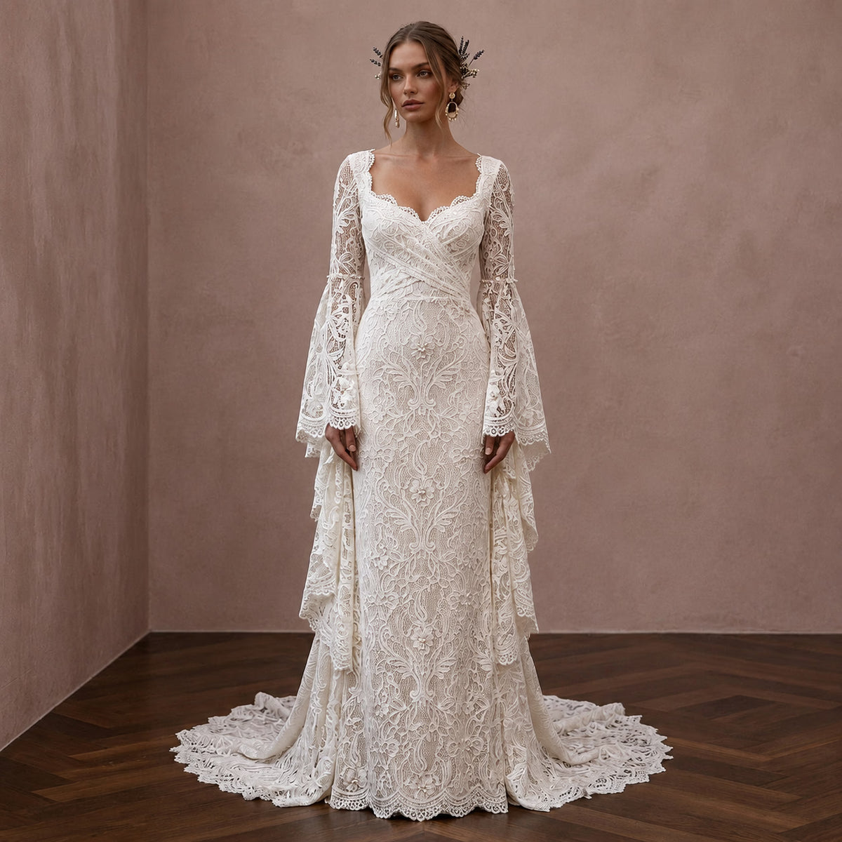 Rustic Lace Bridal Dress with Bell Sleeves for a Farm Wedding - Apparel & Accessories > Clothing > Wedding & Bridal Party Dresses > Wedding Dresses - Mignonette Bridal Main image