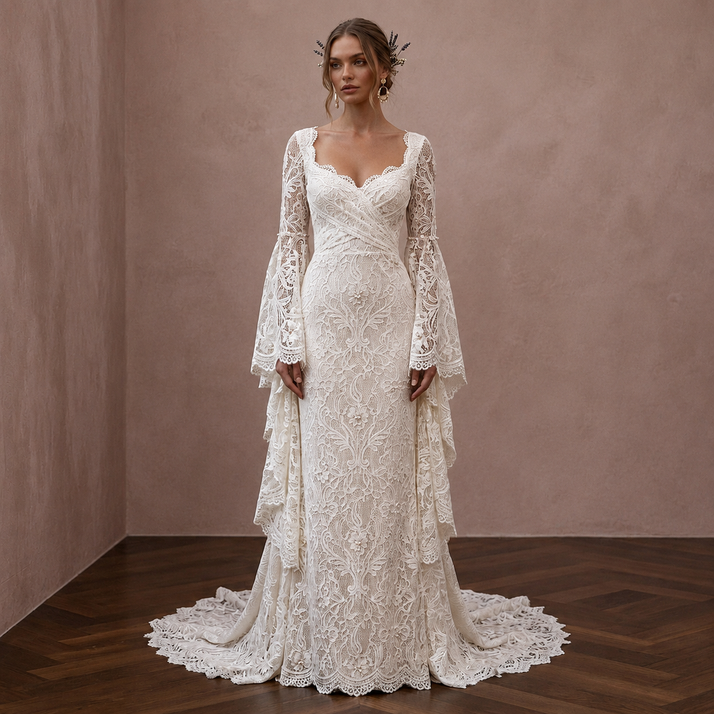 Rustic Lace Bridal Dress with Bell Sleeves for a Farm Wedding