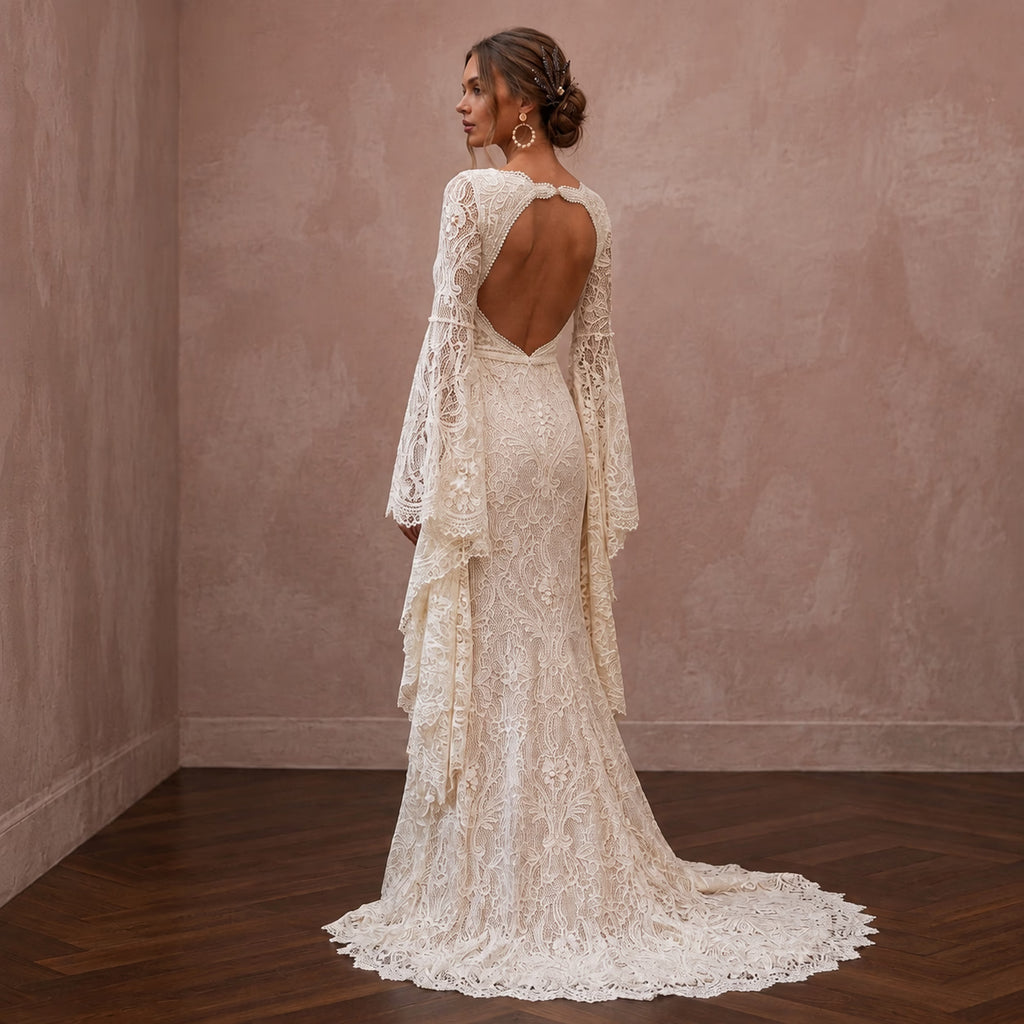 Rustic Lace Bridal Dress with Bell Sleeves for a Farm Wedding - Apparel & Accessories > Clothing > Wedding & Bridal Party Dresses > Wedding Dresses - Mignonette Bridal