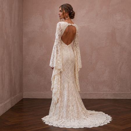 Rustic Lace Bridal Dress with Bell Sleeves for a Farm Wedding