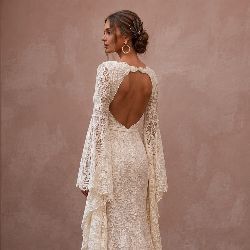 Rustic Lace Bridal Dress with Bell Sleeves for a Farm Wedding - Apparel & Accessories > Clothing > Wedding & Bridal Party Dresses > Wedding Dresses - Mignonette Bridal