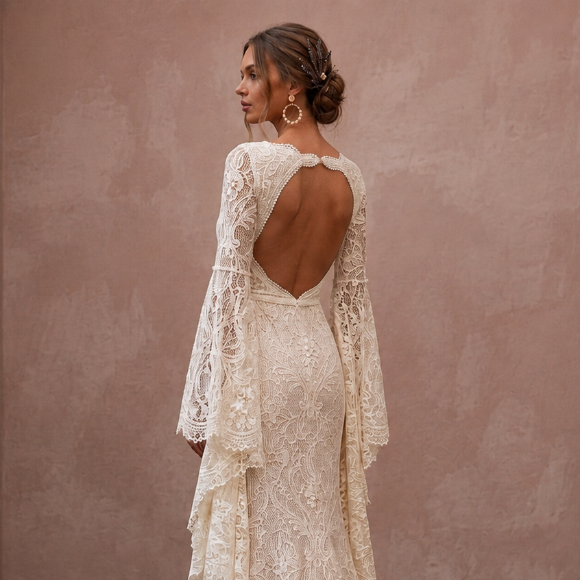 Rustic Lace Bridal Dress with Bell Sleeves for a Farm Wedding