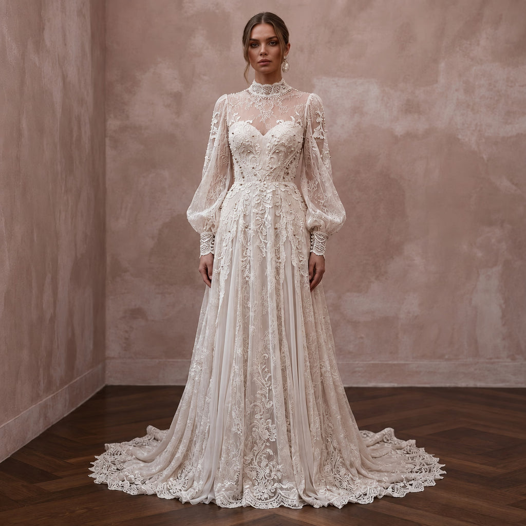 Rustic Lace Wedding Dress with Bishop Sleeves for a Country Wedding