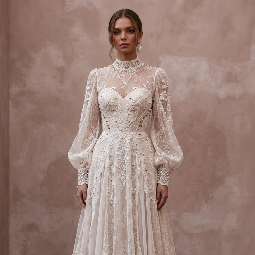 Rustic Lace Wedding Dress with Bishop Sleeves for a Country Wedding