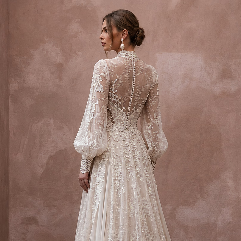Rustic Lace Wedding Dress with Bishop Sleeves for a Country Wedding
