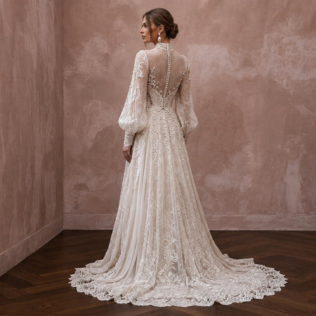Rustic Lace Wedding Dress with Bishop Sleeves for a Country Wedding