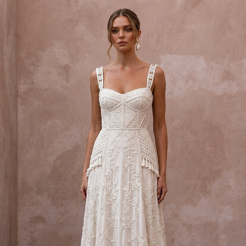 Rustic Wedding Dresses with Soft Cotton Embroidery - Apparel & Accessories > Clothing > Wedding & Bridal Party Dresses > Wedding Dresses - Mignonette Bridal