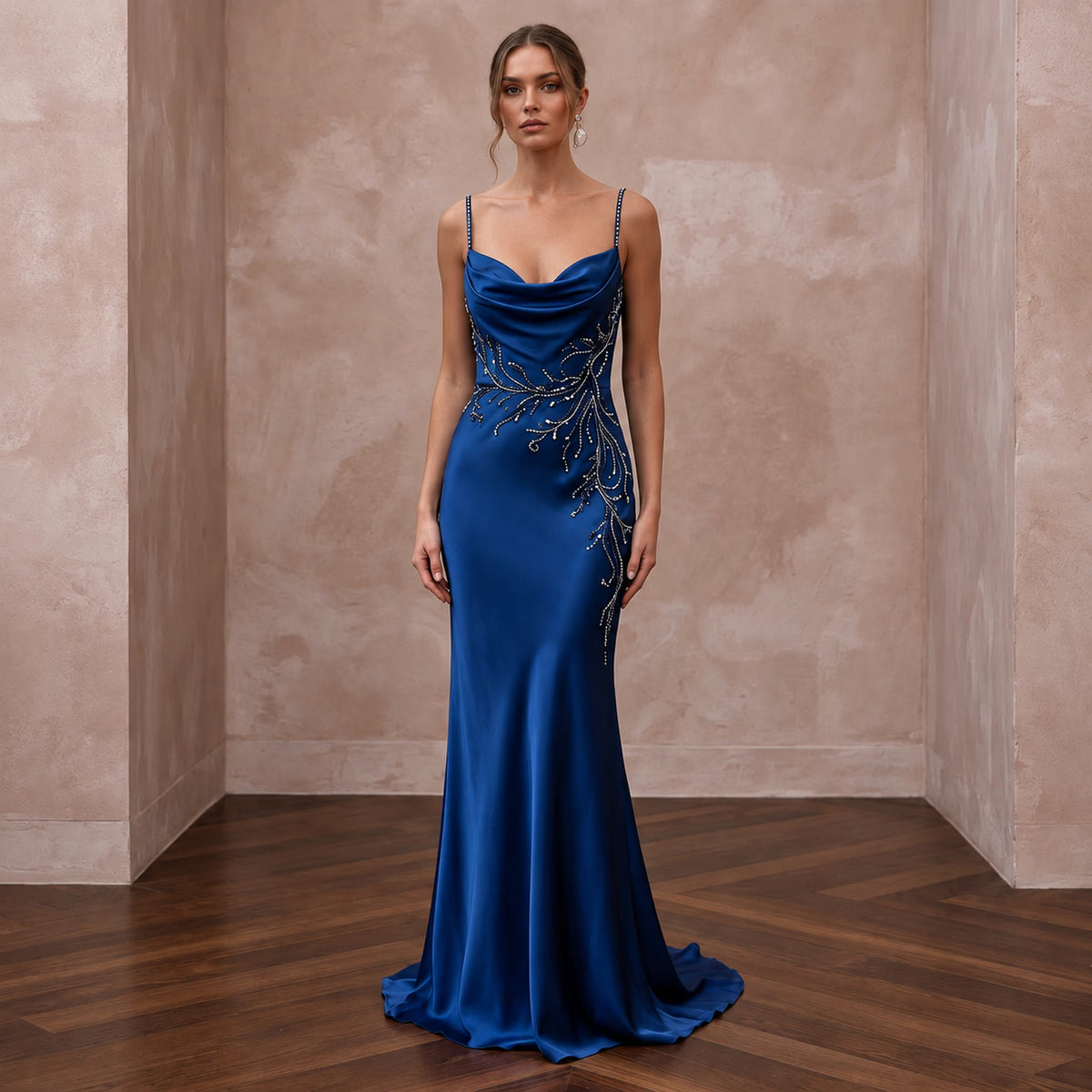 Sapphire Blue Silk Charmeuse Cowl Neck Slip Dress for Black Tie Event