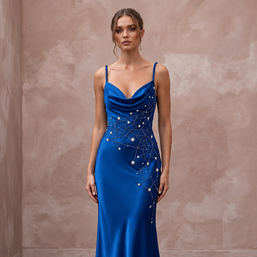 Sapphire Blue Silk Charmeuse Cowl Neck Slip Dress for Black Tie Event - Apparel & Accessories > Clothing > Wedding & Bridal Party Dresses > Wedding Dresses - Mignonette Bridal