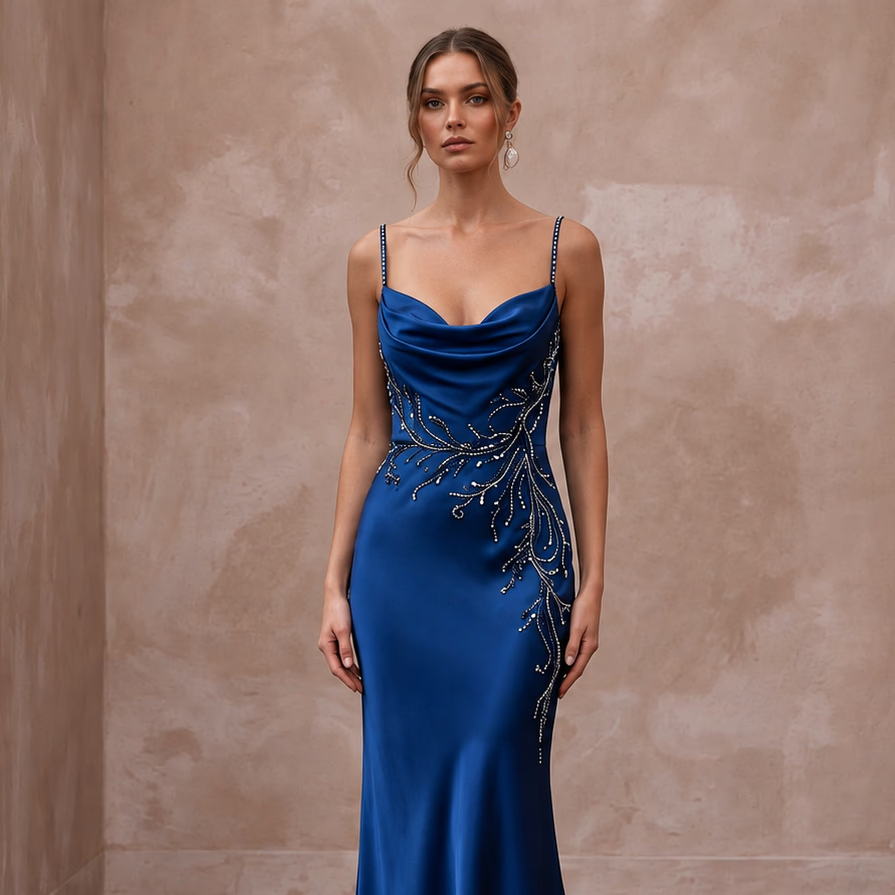 Sapphire Blue Silk Charmeuse Cowl Neck Slip Dress for Black Tie Event