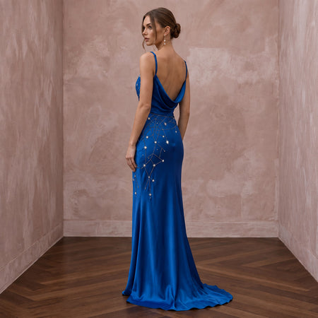 Sapphire Blue Silk Charmeuse Cowl Neck Slip Dress for Black Tie Event - Apparel & Accessories > Clothing > Wedding & Bridal Party Dresses > Wedding Dresses - Mignonette Bridal