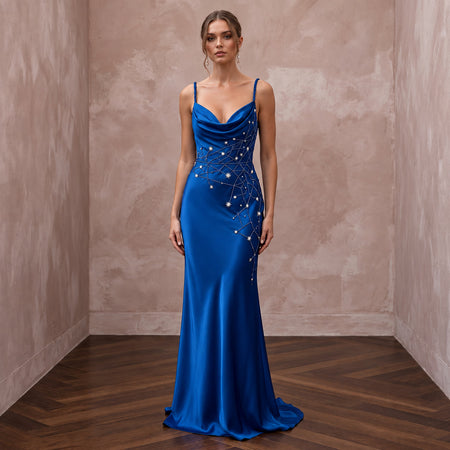Sapphire Blue Silk Charmeuse Cowl Neck Slip Dress for Black Tie Event - Apparel & Accessories > Clothing > Wedding & Bridal Party Dresses > Wedding Dresses - Mignonette Bridal