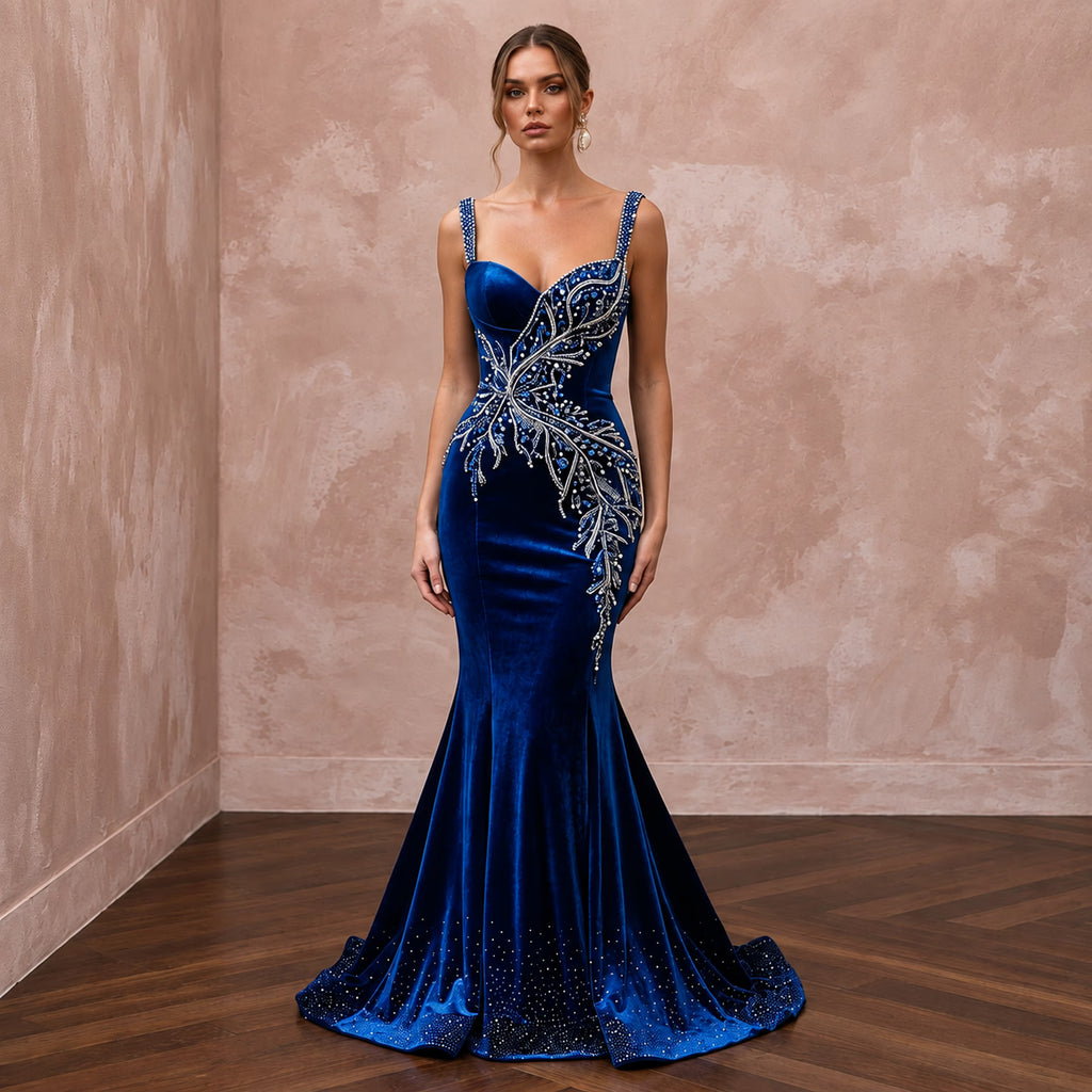 Sapphire Blue Velvet Sweetheart Neckline Mermaid Evening Gown - Apparel & Accessories > Clothing > Wedding & Bridal Party Dresses > Wedding Dresses - Mignonette Bridal