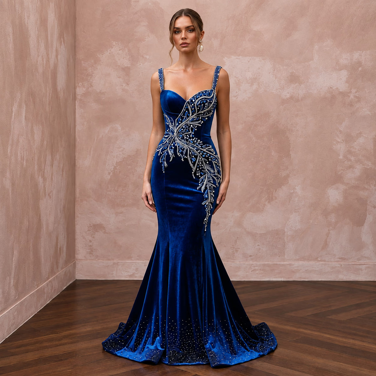 Sapphire Blue Velvet Sweetheart Neckline Mermaid Evening Gown - Apparel & Accessories > Clothing > Wedding & Bridal Party Dresses > Wedding Dresses - Mignonette Bridal