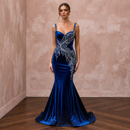 Sapphire Blue Velvet Sweetheart Neckline Mermaid Evening Gown - Apparel & Accessories > Clothing > Wedding & Bridal Party Dresses > Wedding Dresses - Mignonette Bridal