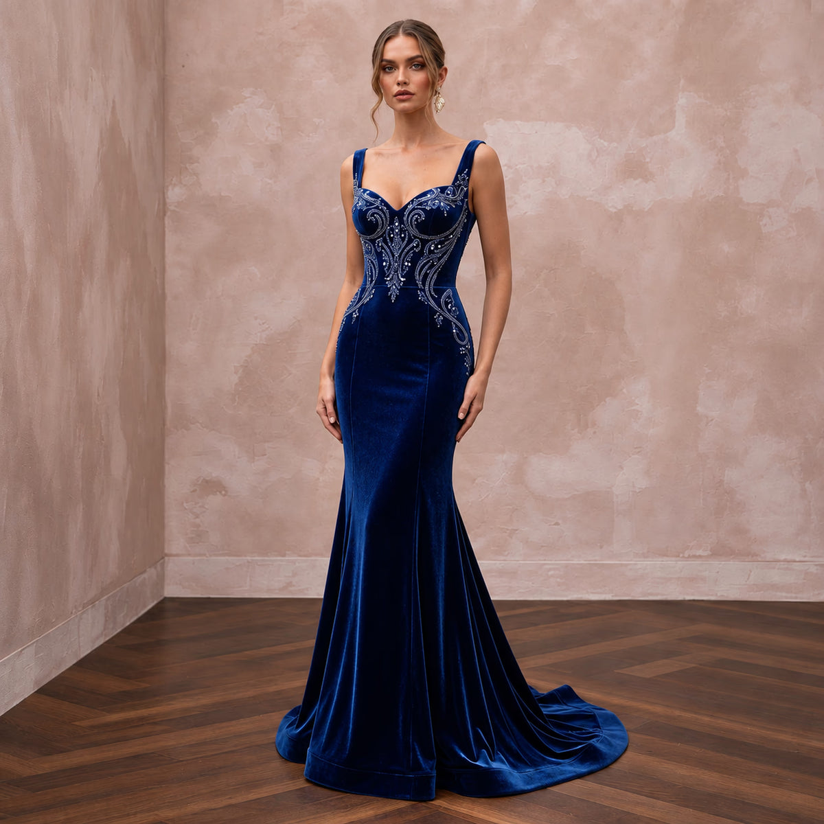 Sapphire Blue Velvet Sweetheart Neckline Mermaid Evening Gown