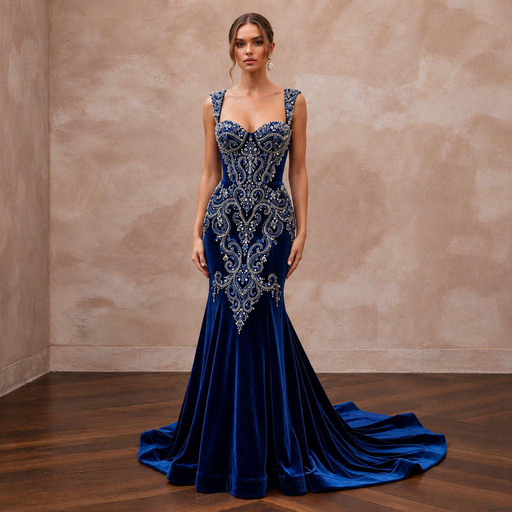 Sapphire Blue Velvet Sweetheart Neckline Mermaid Evening Gown