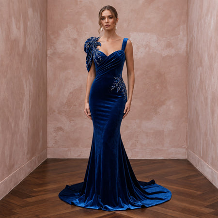 Sapphire Blue Velvet Sweetheart Neckline Mermaid Evening Gown
