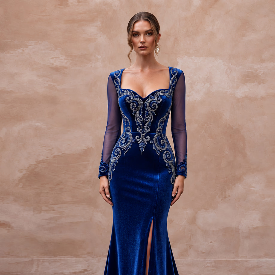 Sapphire Blue Velvet Sweetheart Neckline Mermaid Evening Gown