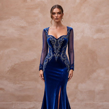Sapphire Blue Velvet Sweetheart Neckline Mermaid Evening Gown