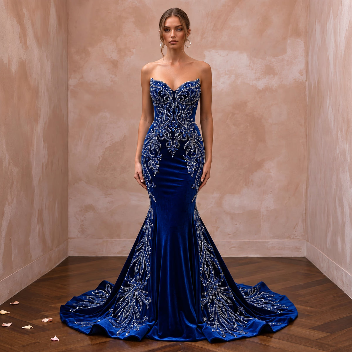 Sapphire Blue Velvet Sweetheart Neckline Mermaid Evening Gown - Apparel & Accessories > Clothing > Wedding & Bridal Party Dresses > Wedding Dresses - Mignonette Bridal Main image