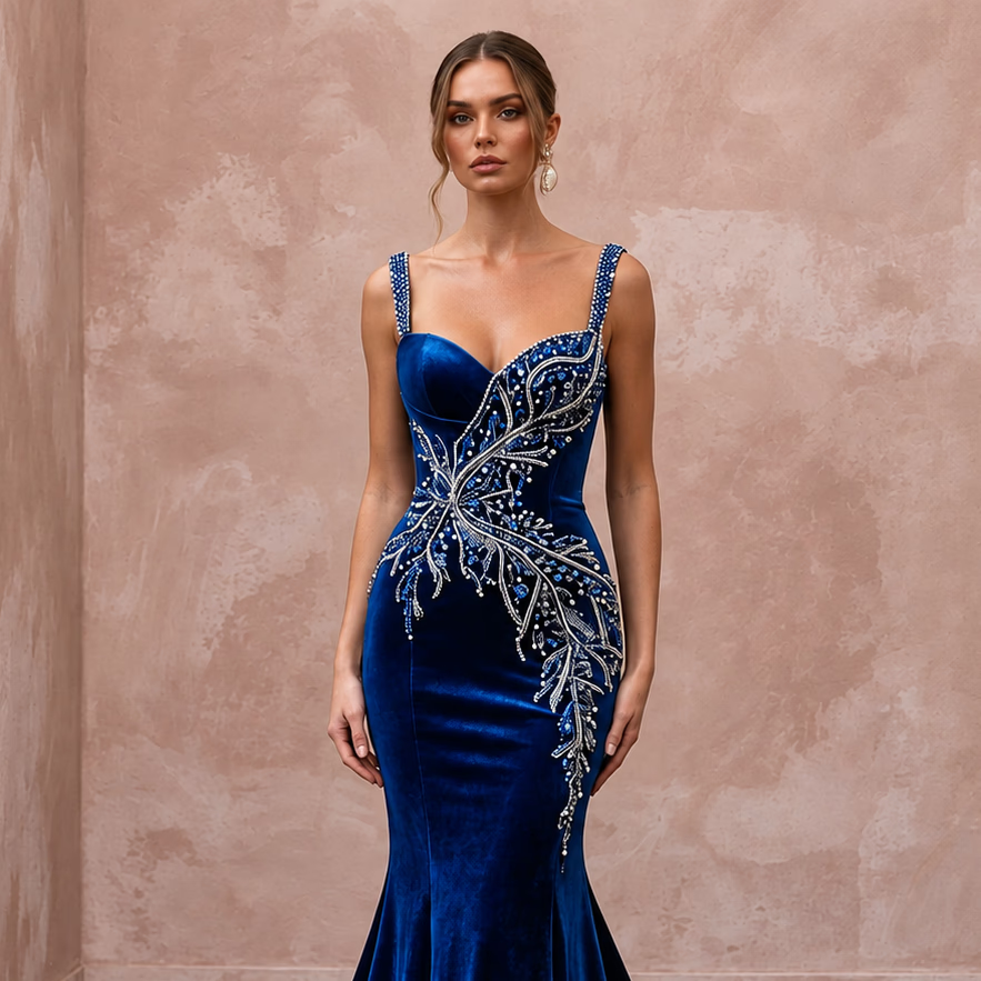 Sapphire Blue Velvet Sweetheart Neckline Mermaid Evening Gown - Apparel & Accessories > Clothing > Wedding & Bridal Party Dresses > Wedding Dresses - Mignonette Bridal