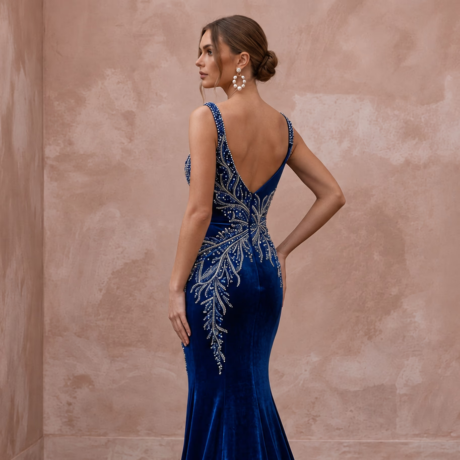 Sapphire Blue Velvet Sweetheart Neckline Mermaid Evening Gown - Apparel & Accessories > Clothing > Wedding & Bridal Party Dresses > Wedding Dresses - Mignonette Bridal